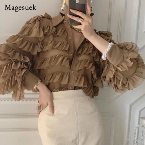 Spring Korean Ruffles Blouse Women New Long Sleeve Tops Loose Heavy Work Cupcake Ol Shirt Turn Down Collar Feminino Blusas 13336