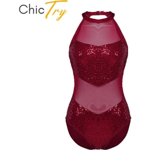 ChicTry Women Shiny Sequins Ballet Leotard Halter Mesh Adult Gymnastics Leotard Professional Stage Performance Dance Costumes