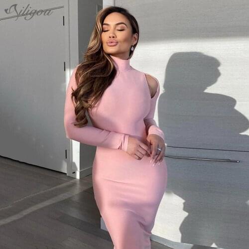 Ailigou 2021 Womens Sexy Long Sleeve Halter High Neck Hollow Pink Black White Bodycon Bandage Dress Fashion Party Dress Vestido