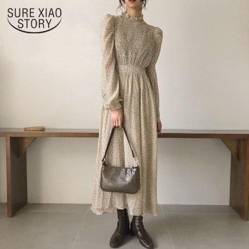 2020 Vintage Stand Collar Ruched Sleeve A-line Dress Women Floral Print Elastic Waist Female Dress Spring Vestidos Femme 11453