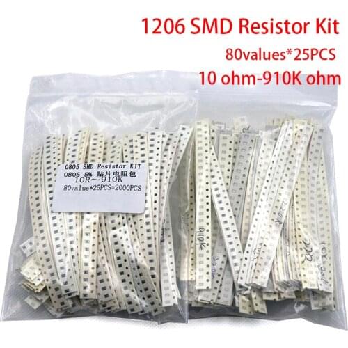 2000PCS 10 ohm-910K ohm 1206 SMD Resistor Kit Assorted set 5% 80values*25PCS SMD Resistors 10K 470/100/680 ohm resistance pack