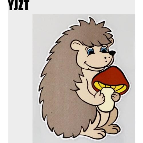 YJZT 12.4CM×16.5CM Car Sticker Cute Little Spiny Pig Holding Mushrooms PVC Decal 11C-0231