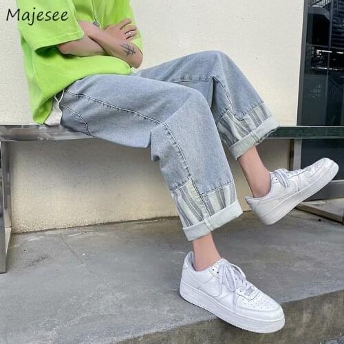 Men Patchwork Jeans Strip Summer Oversize Leisure Blue Ankle-length Baggy Trousers Teenagers Youth High Street Ulzzang Kpop Chic