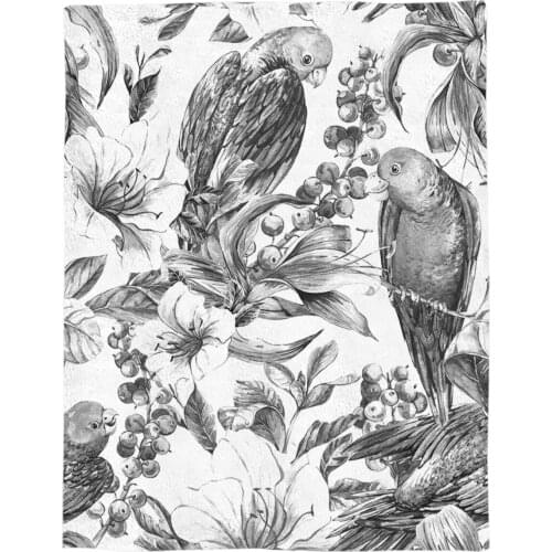 Gray Flower Parrot Printed Flannel Blanket Soft Throw Blanket Machine Washable Blankets for Beds Customizable