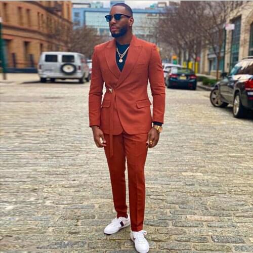 Orange Two Pieces Mens Suit Peaked Lapel For Wedding Blazers With Sash Slim Fit Male Tuxedos Groom Wear Prom Jackets And Pants