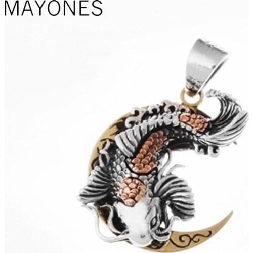 MAYONES Thai Silver Moon And Cute Fish Pendant For Blessing Brimful Happiness Pure 925 Silver Jewelry Best Gift Talisman Amulet