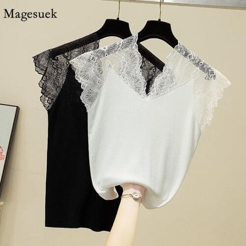 Sexy Lace Stitching Knitted Tank Tops V-neck Ice Silk Summer Blouse Women Slim Vest Fashion Sleeveless Bottoming Tee Shirt 15416