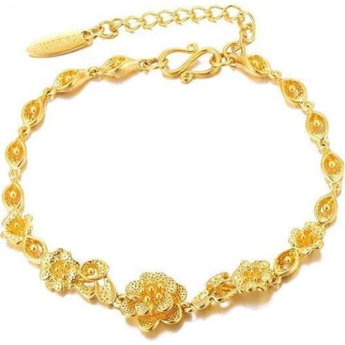 MxGxFam ( 17.5 cm +3 cm ) Flowers Bracelet Jewelry For Women 24 K Pure Gold Color from XP