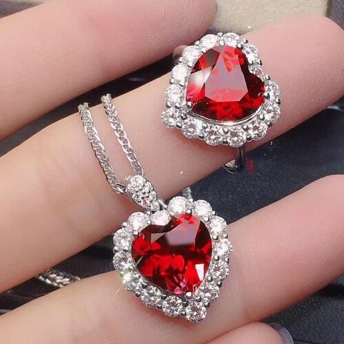 925 Sterling Silver Jewelry Sets for Women Gemstone Bridal Ruby Ring Pendant Necklace Women Wedding Engagement Jewelry Gifts