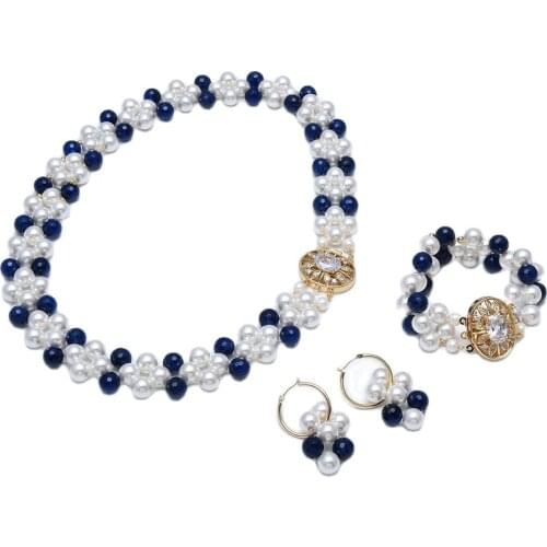 GG Jewelry Natural White Shell Pearl Faceted Blue Agates Necklace Bracelet Earrings Sets Handmade For Women
