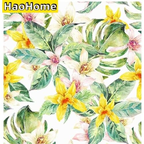 HaoHome Handpainting Washcolor Peel and Stick Wallpaper Yellow and Beige Lily Floral Self-Adhesive Prepasted Wallpaper Roll