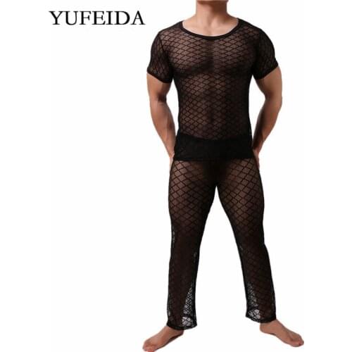 Sexy Mens Undershirts Mesh See Through T Shirts Fishnet Long Johns Sleep Bottoms Pajama Pants Men Clothes Set Homme Underwear