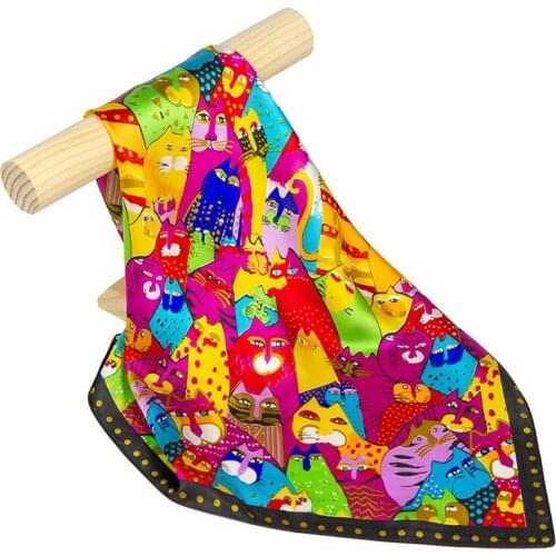 Natural Silk Scarf Women Bandana Female Hair Scarf for Women Silk Neck Scarf Womens Square Silk Headband Face Mask Scarf Cat