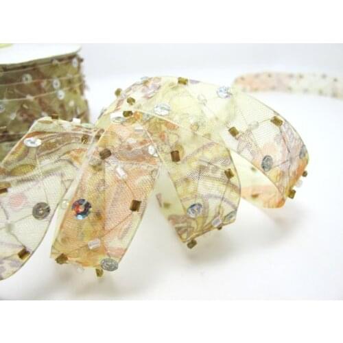 5/8 Inch Pink Beaded and Sequined Floral Embroidered Chiffon Ribbon|Beaded Embroidered Trim|Organza Trim|Craft Supplies