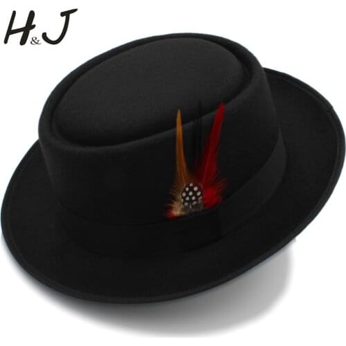 Fashion Women Men Pork Pie Hat Dad Wool Flat Fedora Hat For Gentleman Gambler Panama Trilby Hat With Fashion Feather Size 58CM