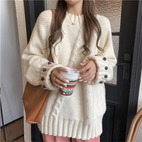 Loose lazy design round neck pullover sweater womens outer wear thick sweaters long sleeve pullovers