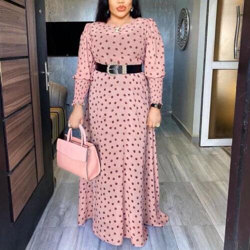 African Long Dresses For Women Maxi Party Dot Printed Full Sleeve High Waist Floor Length Elegant Evening Night Fashion Dress
