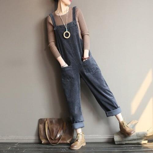 Women Corduroy Jumpsuits Vintage Warm Cloths 2020 Autumn Winter New Solid Color Loose Pockets High Quality Jumpsuits