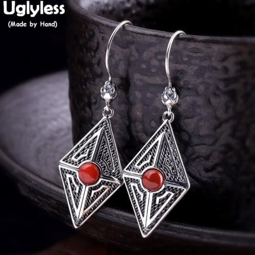 Uglyless Vintage Rhombus Earrings for Women Ethnic Thai Silver Geometric Earrings Agate Turquoise Brincos 925 Silver Jewel E1550