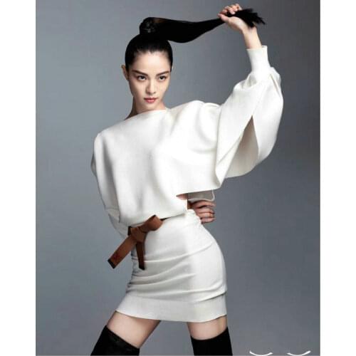 New Spring 2020 Womens White Lantern Sleeve Dress Sexy Hip Party Dress with Belt Sexy Dresses Party Night Club Dress