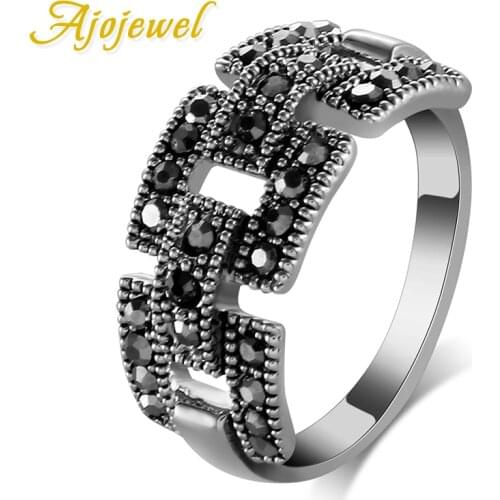 Ajojewel Brand Quality Fashion CZ Female Jewelry Retro Vintage Link Ring Black For Women Size 7,8,9