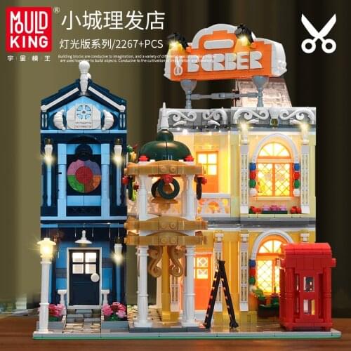 MOULD KING 16031 Streetview Building Blocks The Barber Shop In Town Model With Led Light Assembly Bricks Kids Toys Birthday Gift