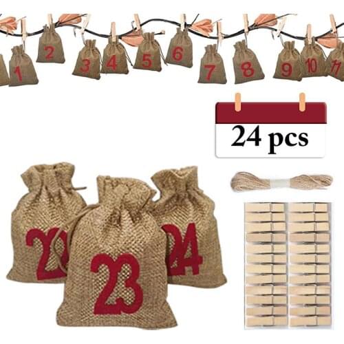 24PCS Christmas Advent Calendar Countdown Bag Hanging Candy Gift Sacks Pouch with Clips Stickers Rope Home Christmas Decoration