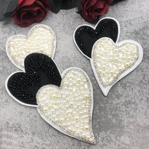 Handmade Beaded White Pearl Love Bead badge Sew On Patch for Clothing Beaded Applique for Sweater Socks Bag DIY Accessories