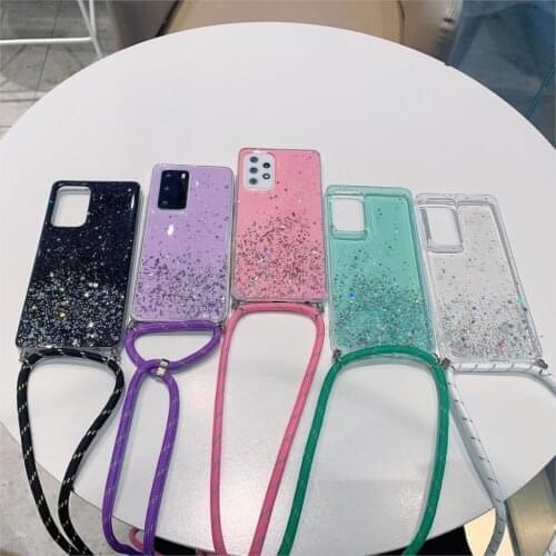 Crossbody Cord Hang Neck Strap Case For Redmi Note 10 Pro Note 7 8 6 5 9S 9 8T 9C 8A Mi 10T POCO X3 Silicone Glitter Clear Cover