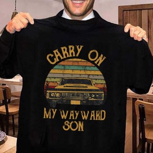 Supernatural Mens T Shirt Carry on My Wayward Son Printed Short Sleeve Black Tops Tee Vintage Women Clothing Streetwear Fashion