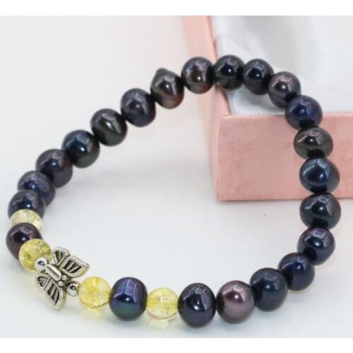 Hot sale vintage style high grade black 7-8mm natural pearl round beads strand bracelets for women elegant jewelry 7.5inch B2802