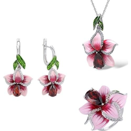 KOFSAC Latest Hot Lady Jewelry Sets Silver 925 Earrings Women Romantic Pink Flower CZ Necklaces Rings Girl Valentines Day Gifts