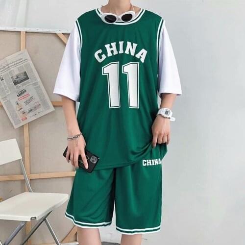 Fake Two-piece Tops Pants Male Clothes Set Five-point Short Sleeve T-shirt No. 11 Basketball Uniform Shorts Student Sports Suit