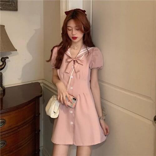 Japanese Preppy Style Summer Sweety Women Dress Kawaii Sailor Collar Bow Cute Puff Sleeve Folds One-Piece Vintage Pink Dresses