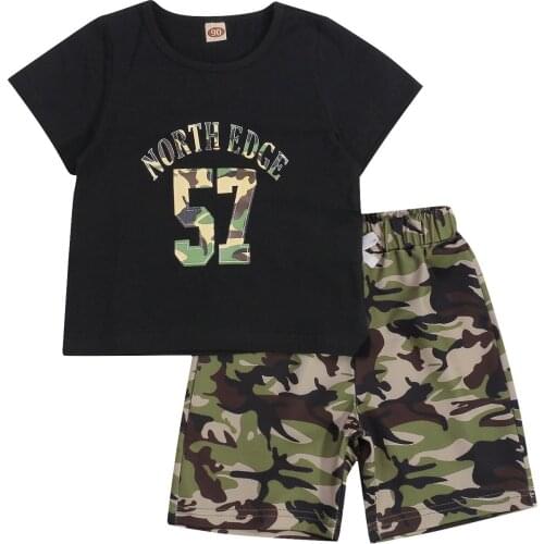 Summer Baby Short Sleeve + Shorts, Camouflage Print Classic Round Neck Elastic Waist Drawstring Summer Clothing 18M-6T