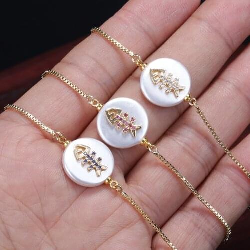 Paved deep blue white purple red cz gold fish charm round pearl bead connector thin link bracelets for woman jewelry wholesale