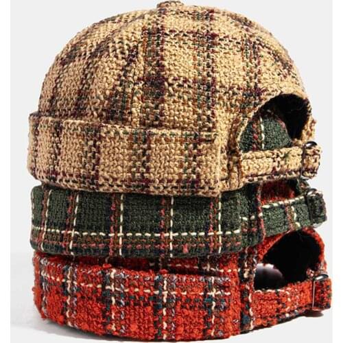 Men & Women Cotton Barret Casual Personality Adjustable Plaid Pattern Brimless Beanie Skull Hat Landlord Hat Fashion 3 Colors