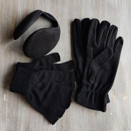 Set of 3 Fleece Mens Glove and Knitwear Glove, Fleece Warm Mens Ear Muff 2 Piece Gloves and 1 Piece Ear Muff for winter