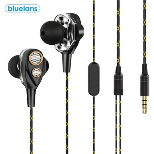 2020 New 4 Units Speakers Dual Cores Dynamic Big Sound Unit In-Ear Wired Earphone 3D Stereo Music Headset Shield Noise