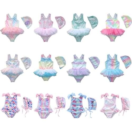 2021 New Swimsuit Kids Bathing Suits for Girls Baby Swimwear One-piece + Hat 2-piece Set of Cute Rainbow Sequins for Girls 3-10y