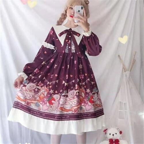 New Kawaii Clothing Japanese Fashion Women Long Sleeve Dress Spring Cute Bow Cat Party Printing Lolita Gothic Sweet Lady Dress