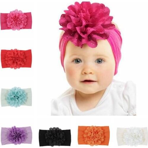 Yundfly Baby Girl Big Fabric Flower Headband Handmade Children Turban Headwraps Stretchy Nylon Flower Wide Hair Band Cute Gift
