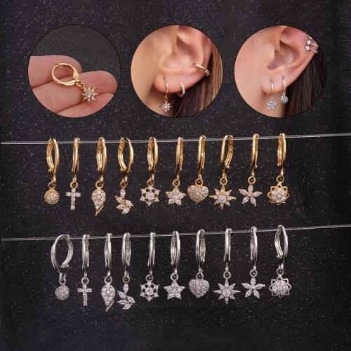Stainless Steel Barbell With Cz Star Moon Flower Heart Feather Dangle Piercing Earring Cartilage Piercing Jewelry