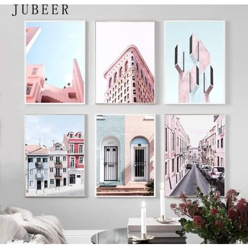 Scandinavian decor pink posters and prints City street scenery decoration pictures for living room canvas prints wall painting