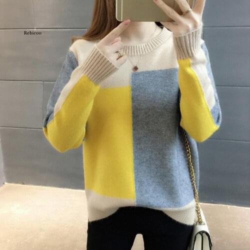 Sweater Women Winter Warm Knitted Pullover Loose Sweater Contrasting Colors Long Sleeve Round Neck Sweaters for Women