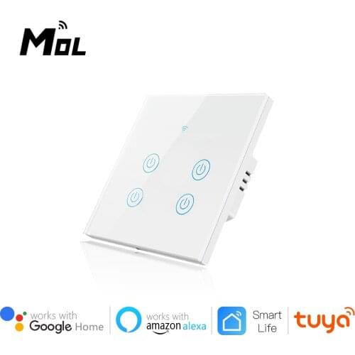 Tuya Smart Wifi Touch Light No Neutral Wire Required Wall Switch EU 220V No Neutral Wire Required Wall Switch 4 Gang White Com