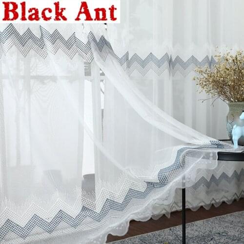 Blue Wavy Embroidered Curtain Tulle For Living Room Window Screen Sheer Voile Curtain Fabric Drapes Kitchen X016R