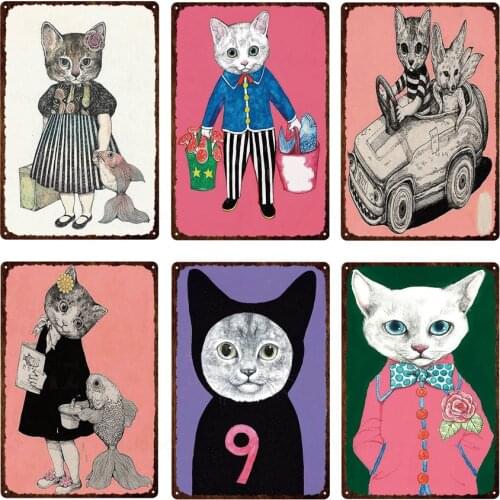 Vintage Creative Funny Cute Cats Tin Sign Retro Plates Wall Art Metal Poster Plaque for Club Bar Pub Party Home Decoration