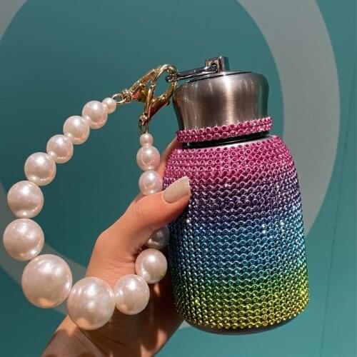 Pearl bracelet water bottle big belly cute vacuum flask ins net red portable full diamond cup 304 stainless steel kawaii cup