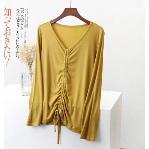 Long-sleeved modal long-sleeved T-shirt womens solid color autumn new style Korean design drawstring loose casual V-neck top